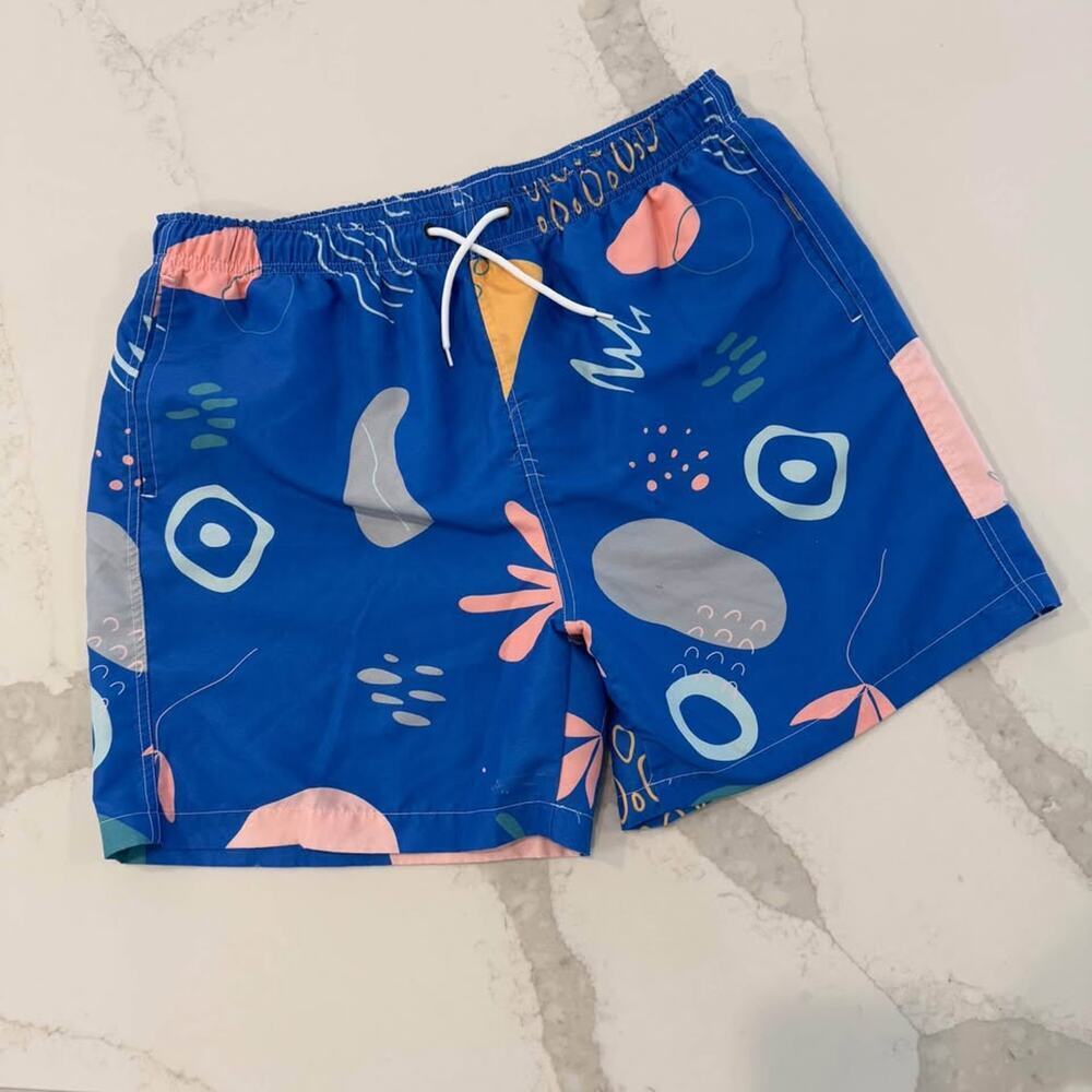 SHEIN Swim Trunks Board Shorts Men's XL Blue/Abstract Design Drawstring Waist